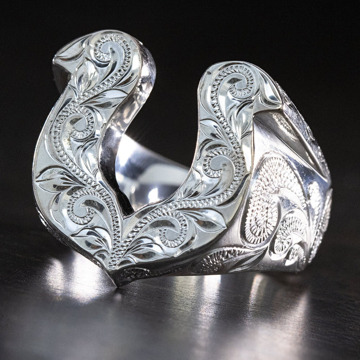 Sterling Silver Masculine Horse Shoe Ring Hand Engraved with Hawaiian Scroll Design