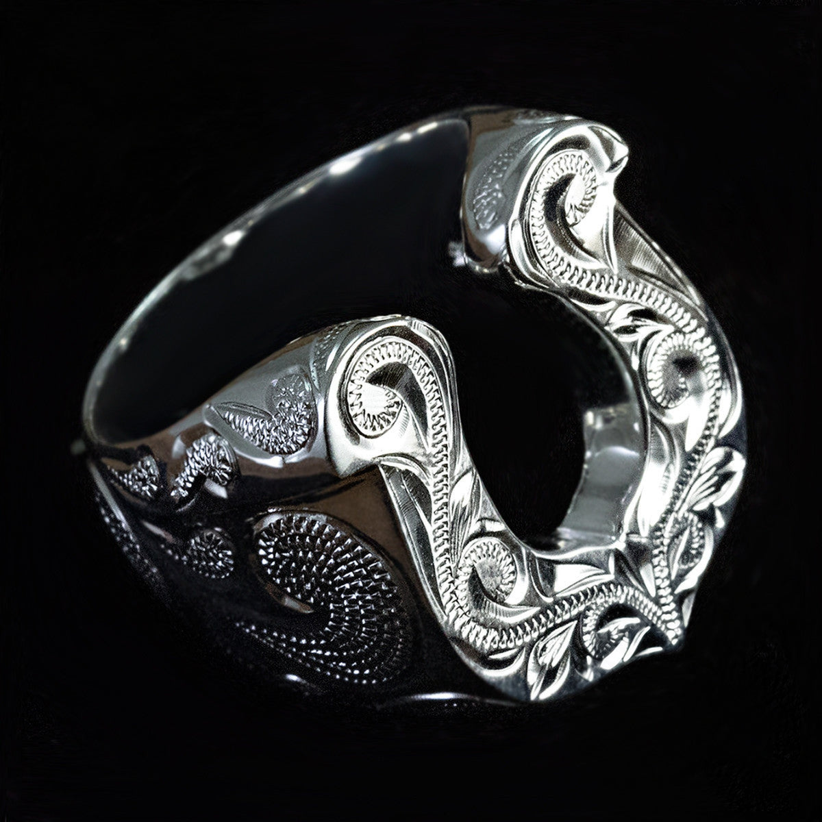 Sterling Silver Masculine Horse Shoe Ring Hand Engraved with Hawaiian Scroll Design