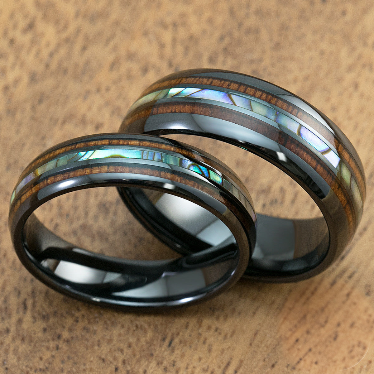 Pair of Black Ceramic Rings [6 & 8mm] Abalone Shell & Hawaiian Koa Wood