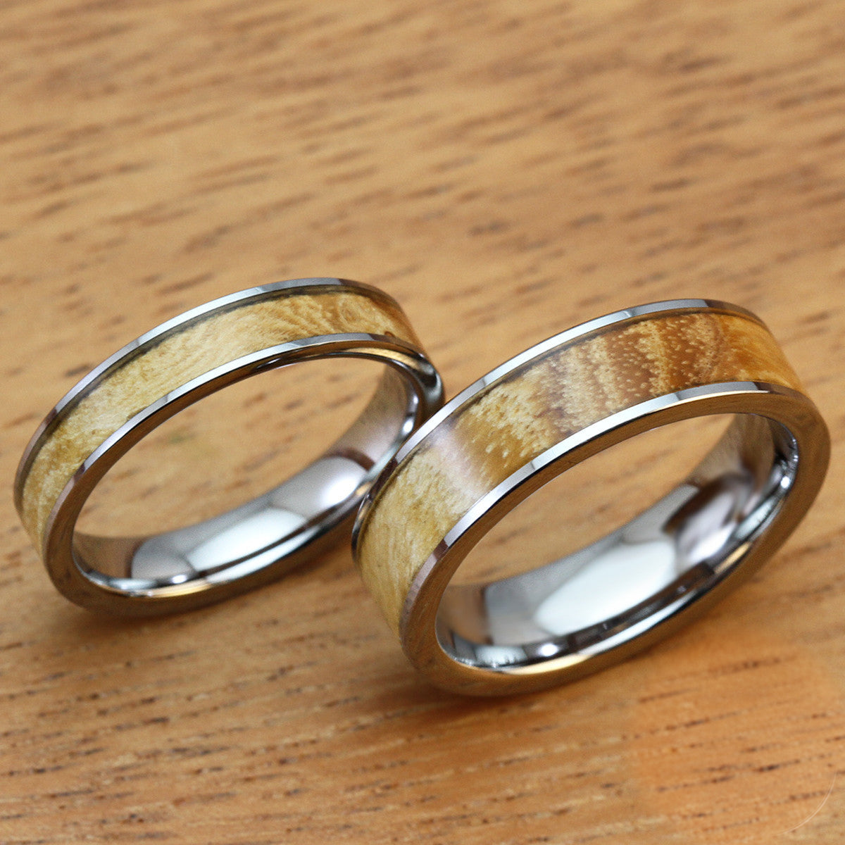 Pair of 4 & 6mm Tungsten Carbide Rings with Olive Wood Inlay - Flat Style, Comfort Fitment
