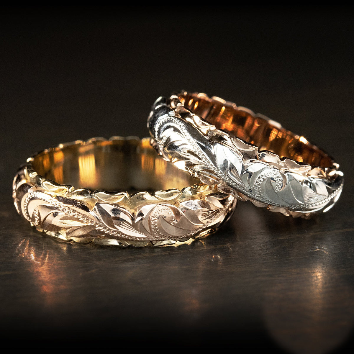 14K Solid Gold [4x6mm] Two Tone Ring with Hawaiian Hand Engraved Heritage Design