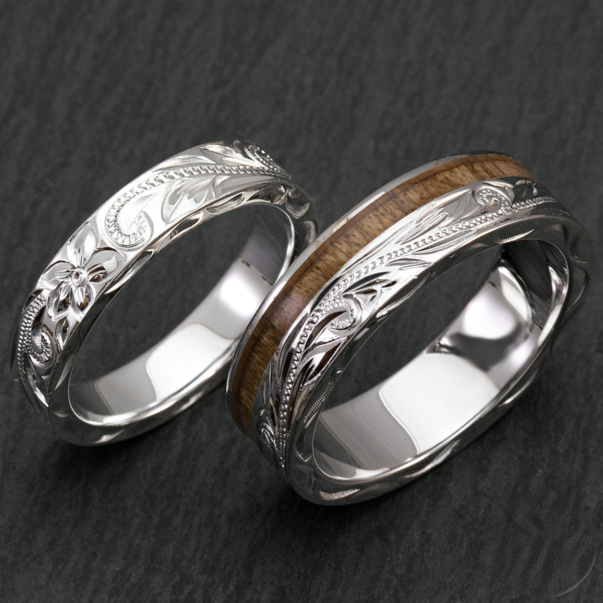 Sterling Silver Hawaiian Jewelry Couple/Wedding Ring Set with Koa Wood Inlay - 4 & 6mm Width, Flat Style, Standard Fitment