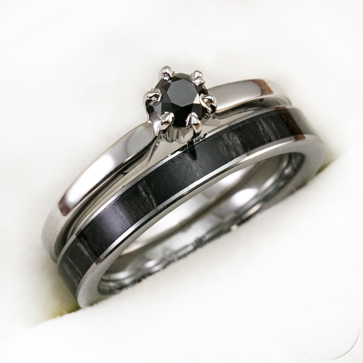 14k White Gold Solitaire .25CT Black Diamond Engagement Ring Set with Petite 3mm Width Tungsten Carbide Ebony Wood Ring