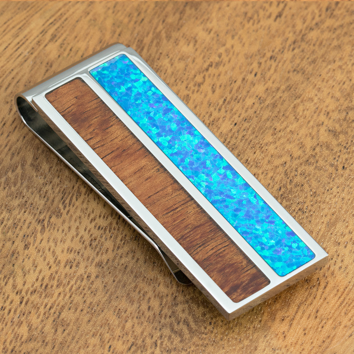 Solid Stainless Steel Money Clip with Blue Opal & Koa Wood Inlay