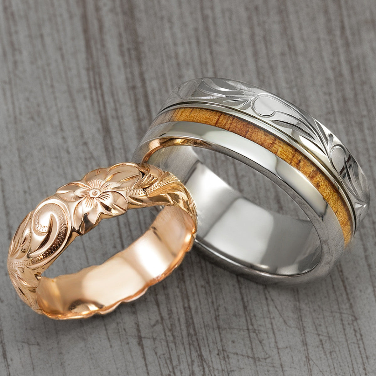 Pair of 14K Gold & Titanium Assorted Hawaiian Jewelry Couple/Wedding Ring Set - 6&8mm Widths