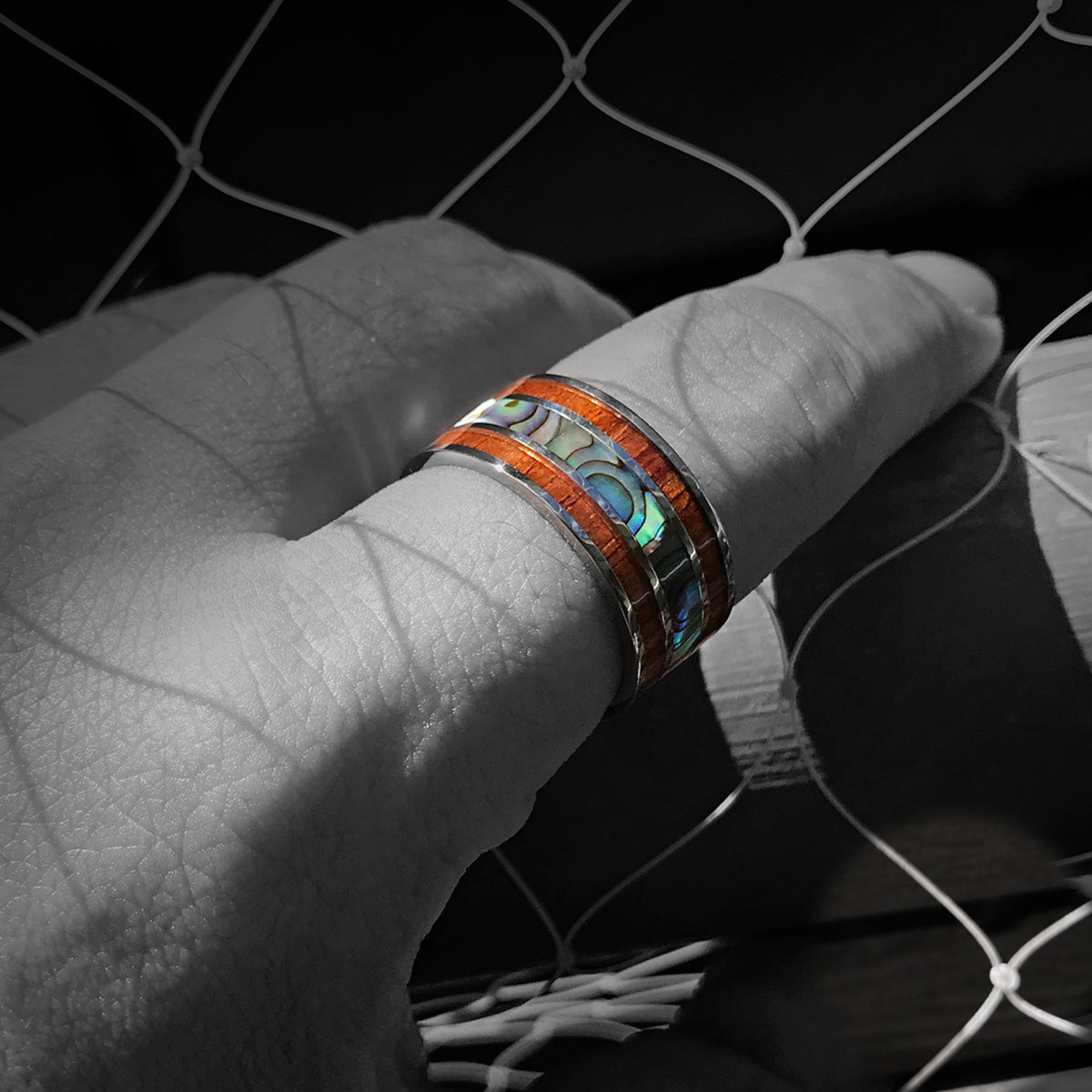 Titanium Ring with Abalone Shell and Hawaiian Koa Wood Tri Inlay - 10mm, Flat Shape, Comfort Fitment