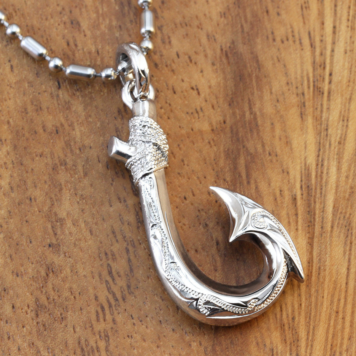 925 Sterling Silver Fish Hook Pendant Hand Engraved Hawaiian Heirloom Jewelry