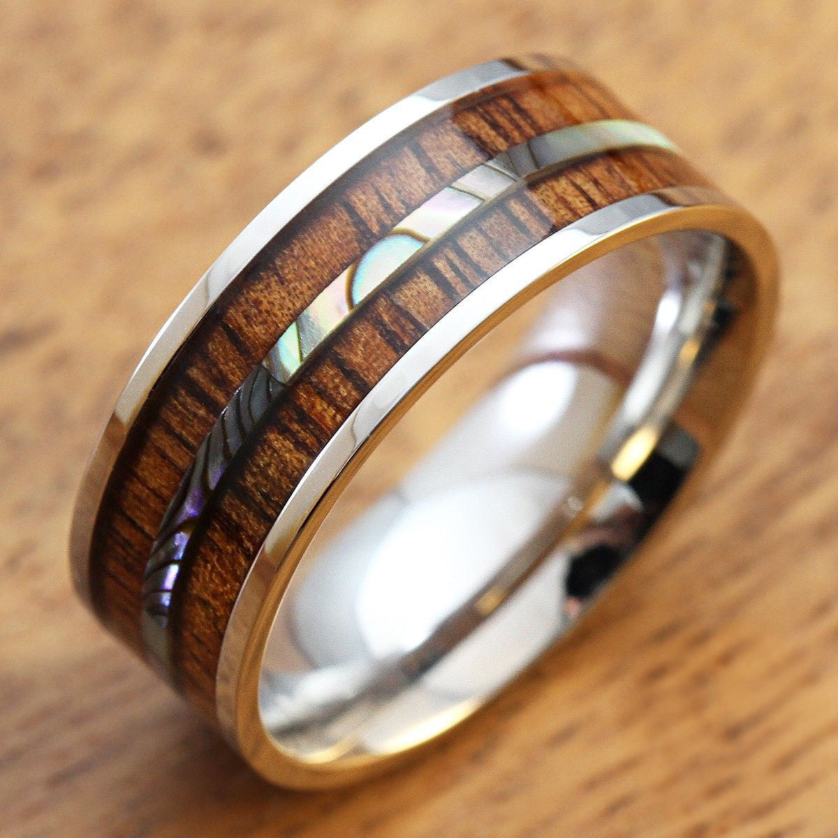Tungsten Carbide Ring [8mm width] Hawaiian Koa Wood and Thin Mid-Strip Abalone Shell Inlay