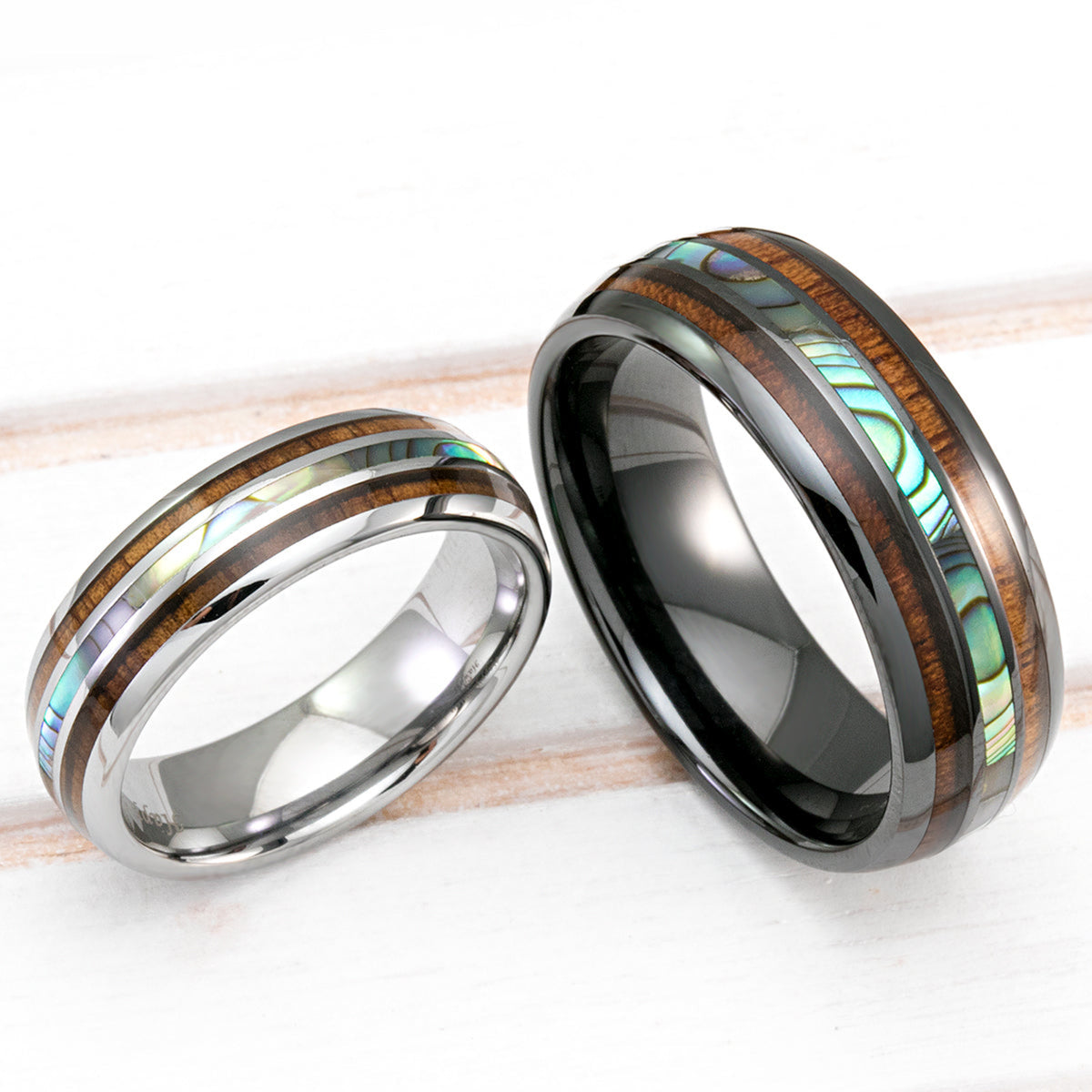 Black Ceramic and Tungsten Wedding Ring Set with Abalone Pau'a Shell and Koa Wood Tri Inlay - 6&8mm, Dome Shape, Comfort Fitment