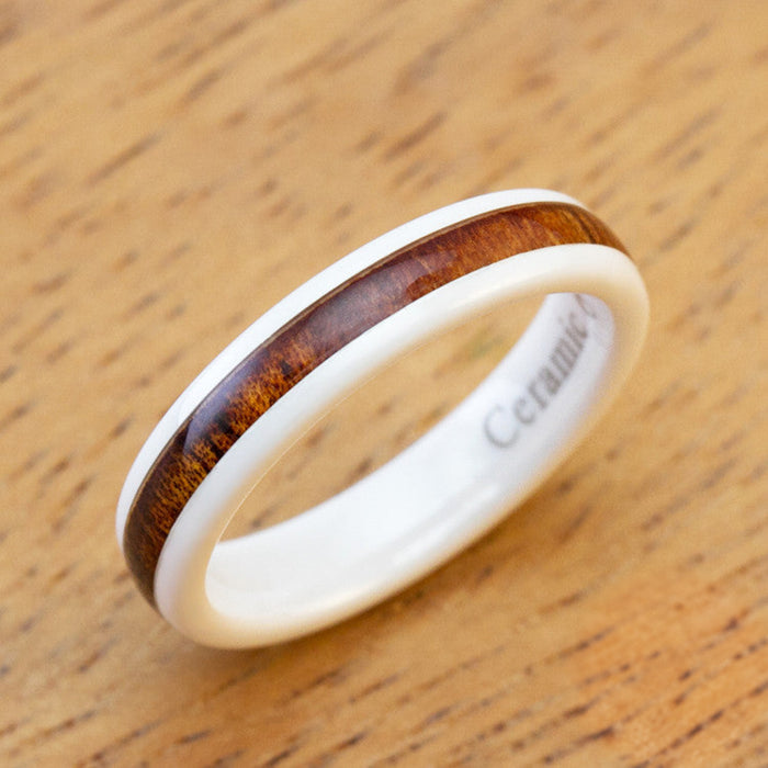 HI-TECH White Ceramic Ring with Hawaiian Koa Wood Inlay - 4mm, Dome Shape, Comfort Fitment