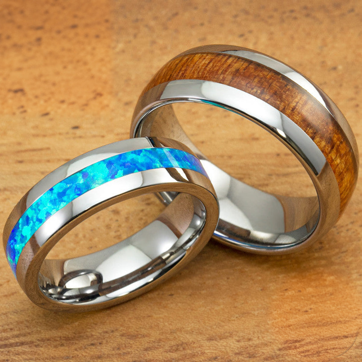 Tungsten Wedding Band Set with Blue Opal and Hawaiian Koa Wood Inlay