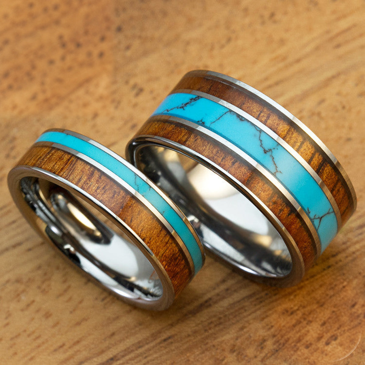 Pair of Assorted Tungsten Carbide Ring Set with Hawaiian Koa Wood and Turquoise Inlay - 6&10mm, Flat Shape, Comfort Fitment