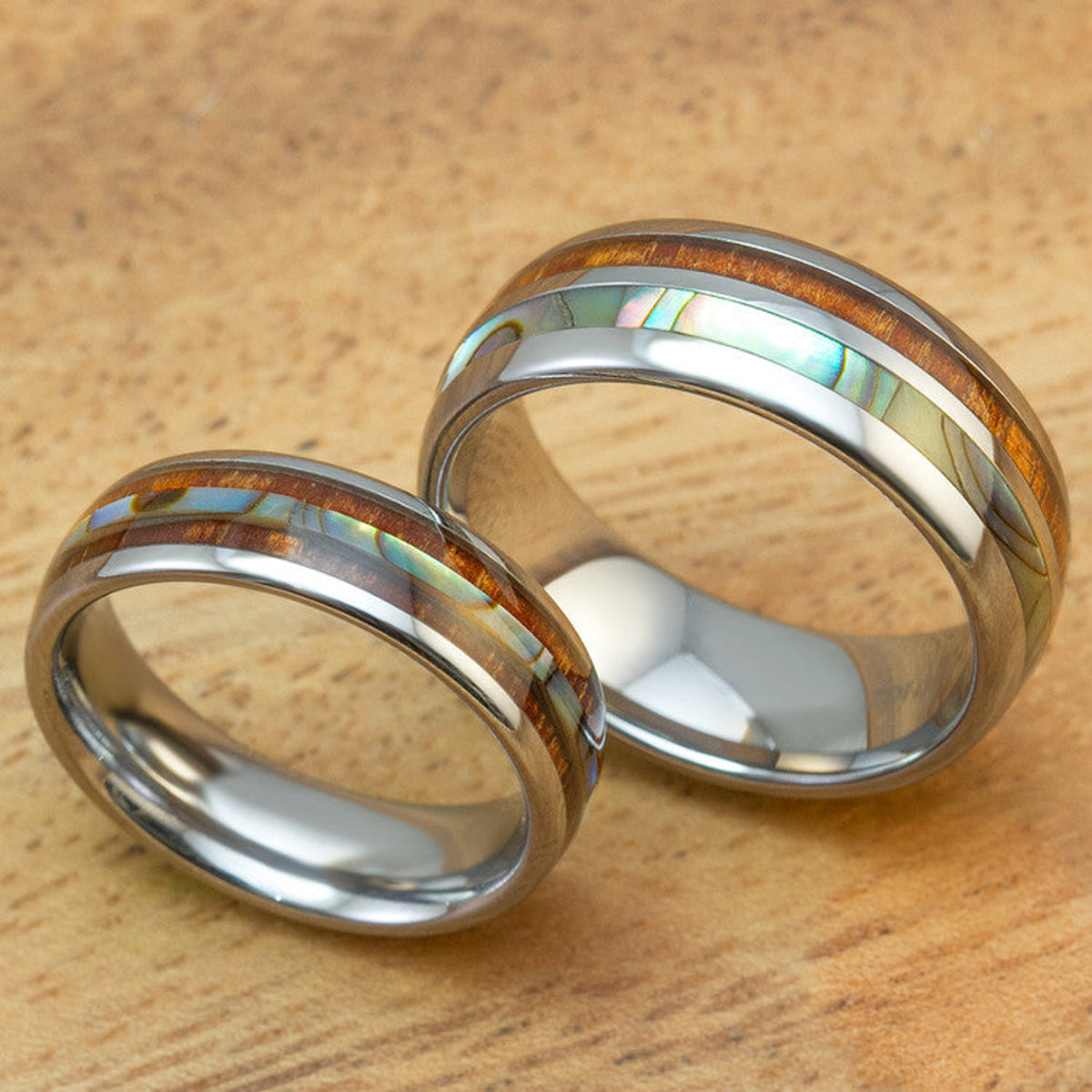 Pair of Tungsten Carbide Assorted Couple/Wedding Ring Set with Abalone Shell & Koa Wood Inlay - 6 & 8mm, Dome Shape, Comfort Fitment