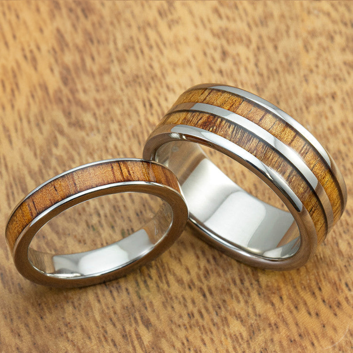 Titanium Wedding Ring Set [4&8mmm widths] Hawaiian Koa Wood Inlay