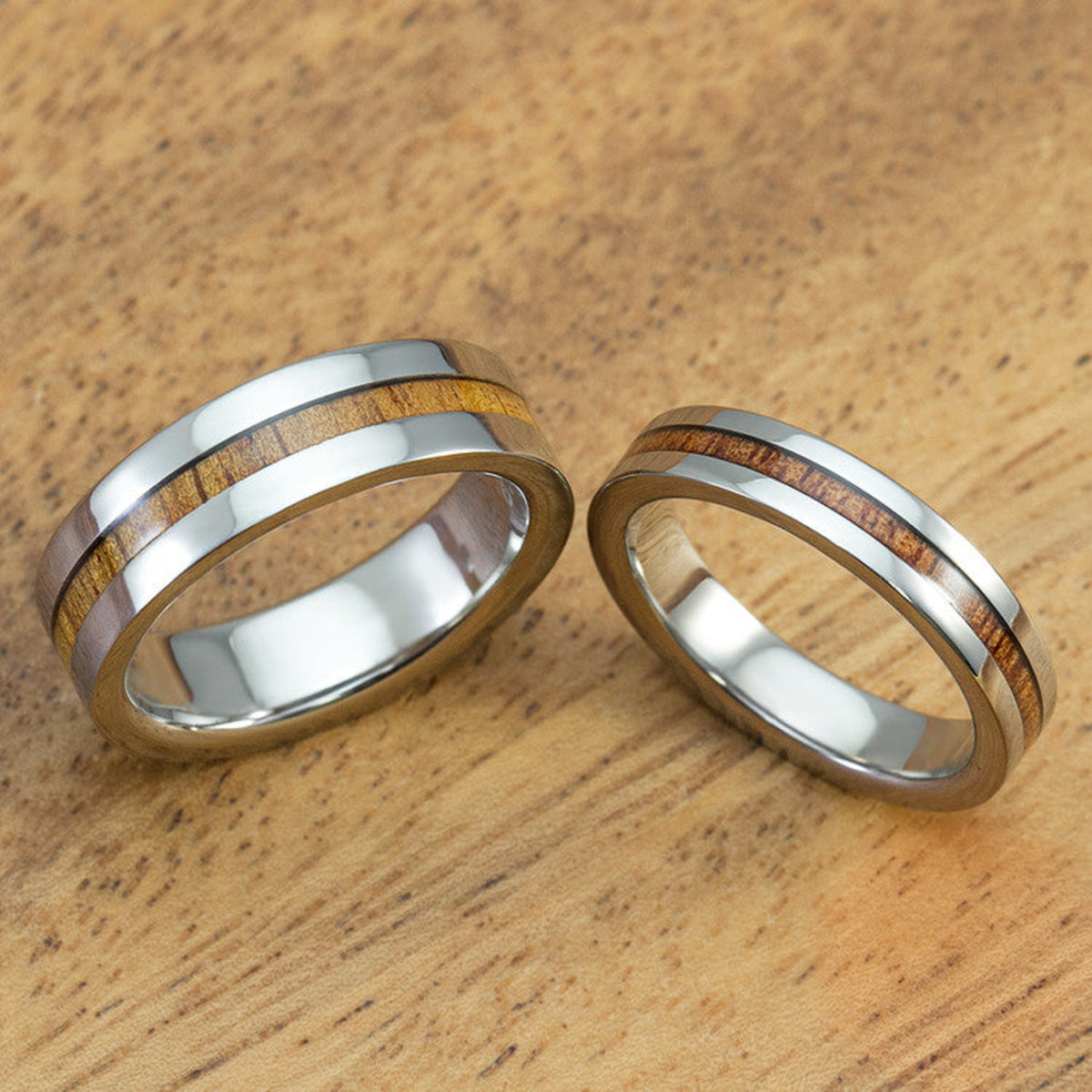 Pair of Titanium Couple/Wedding Band Set with Thin Strip Hawaiian Koa Wood Inlay - 4&6mm, Flat Shape, Standard Fitment