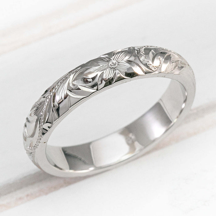 Solid white gold or platinum Hawaiian hand engraved 4mm ring with floral and scroll design