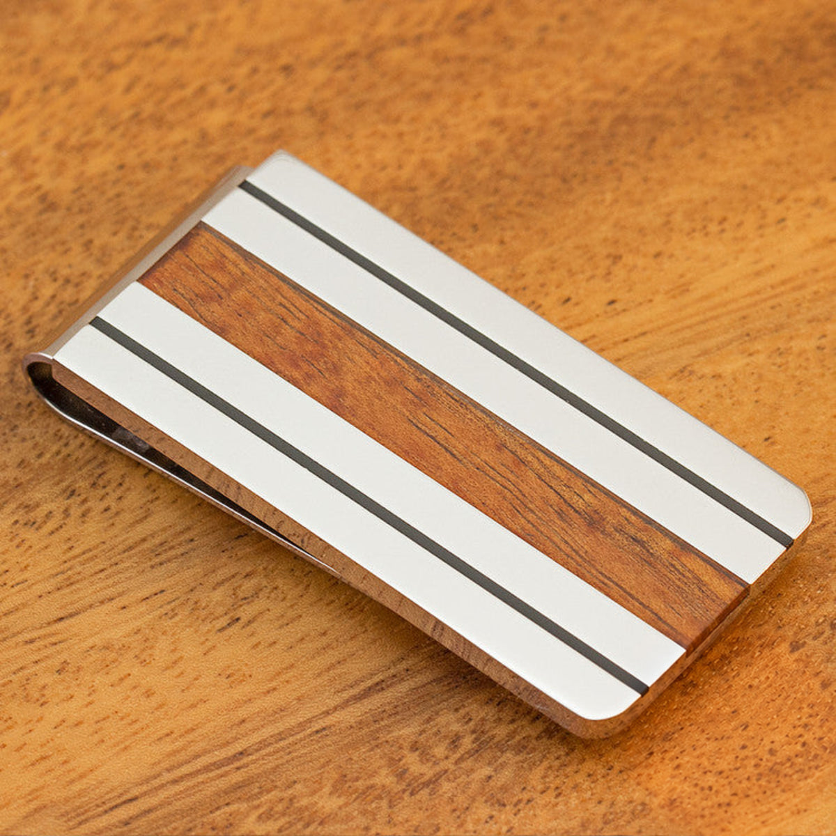 Solid Stainless Steel Money Clip with Black Enamel Lining & Hawaiian Koa Wood Inlay