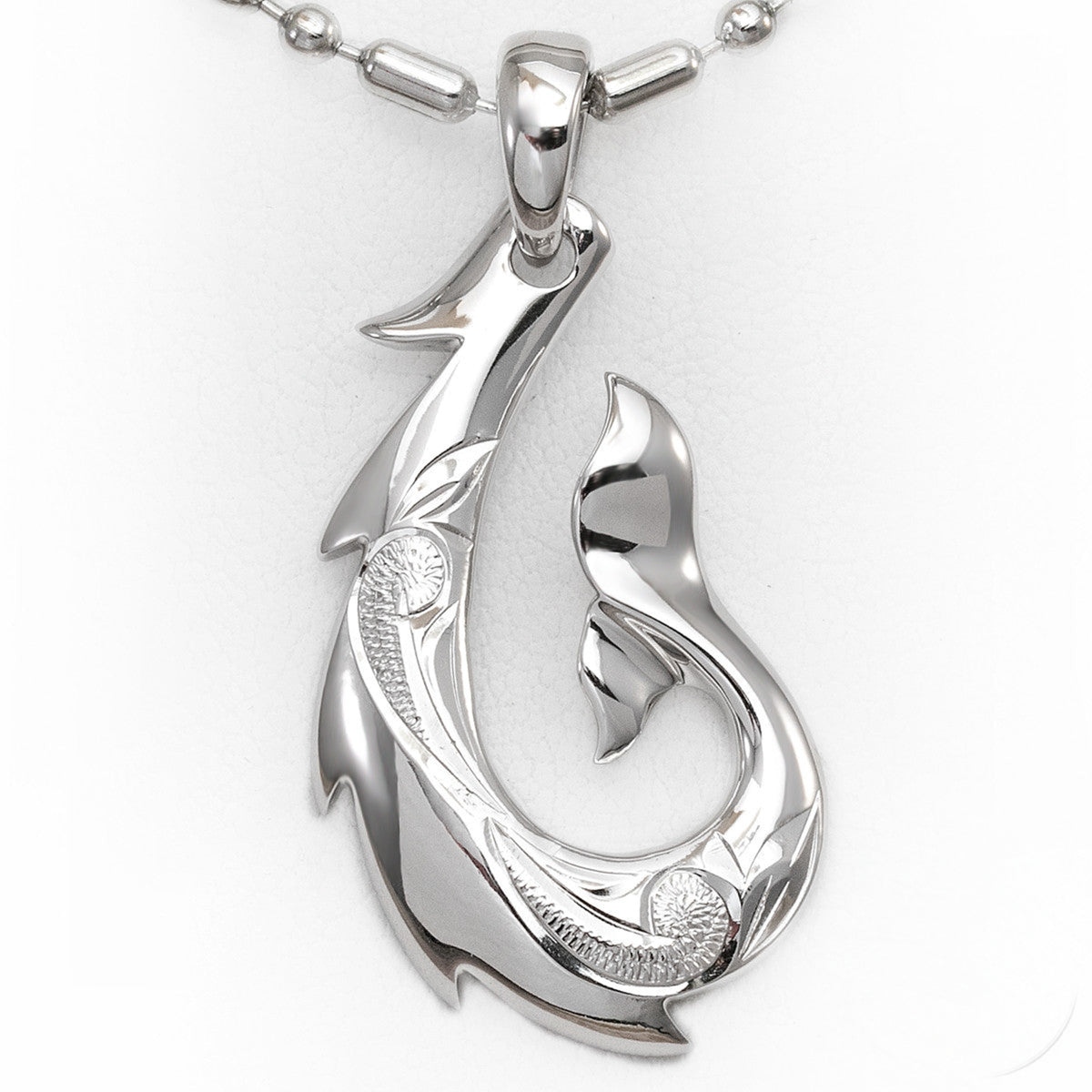 925 Silver Fish Hook Pendant with Hand Engraved Hawaiian Scroll Design