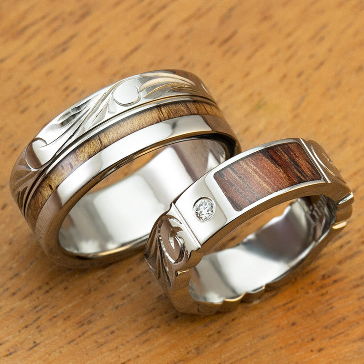 Pair of 6&8mm Assorted Titanium Couple/Wedding Rings with Koa Wood Inlay Hand Engraved with Hawaiian Heritage Design