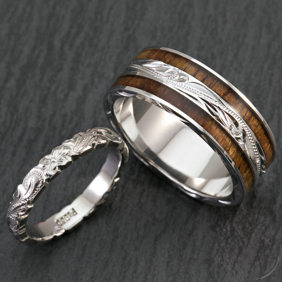 Pair of Hand Engraved Platinum and Sterling Silver Wedding Ring Set with Hawaiian Koa Wood Inlay