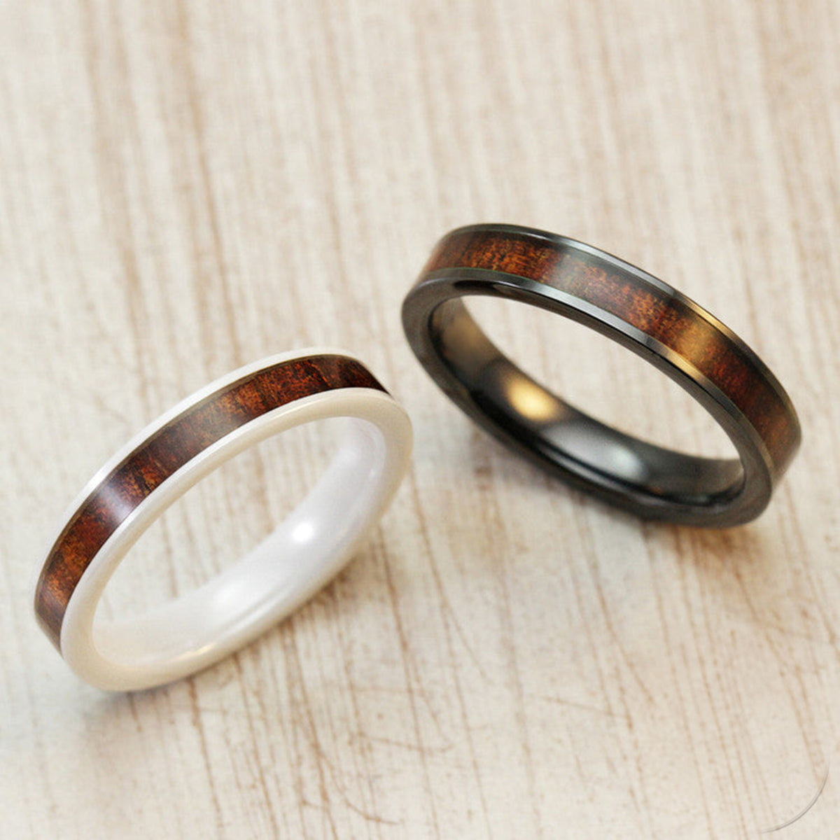 Pair of Ceramic Rings with Hawaiian Koa Wood Inlay