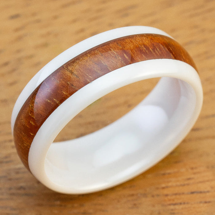 HI-TECH White Ceramic Ring with Hawaiian Koa Wood Inlay - 8mm, Dome Shape, Comfort Fitment