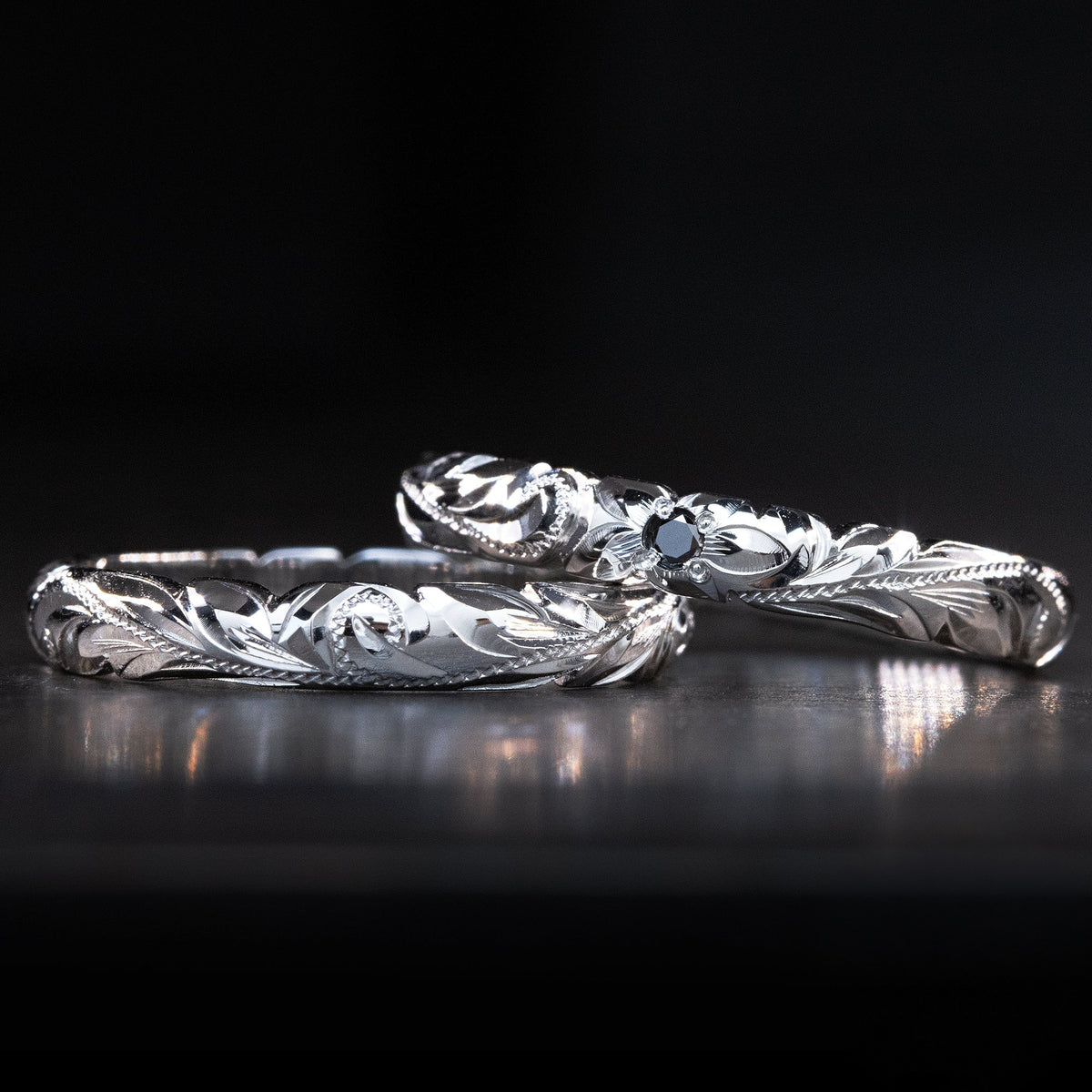 Platinum Hawaiian Jewelry Ring  Hand Engraved 'Old English Design with Cutout Wave Edges - 3mm, Dome Shape, Standard Fitment