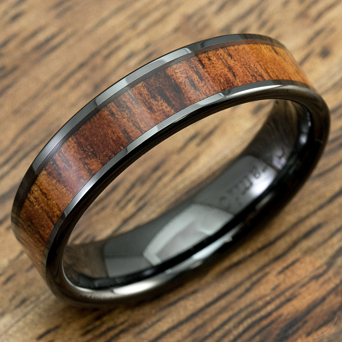 Black Titanium Ring with Koa Wood Inlay - 7mm, Flat Shape, Comfort Fitment