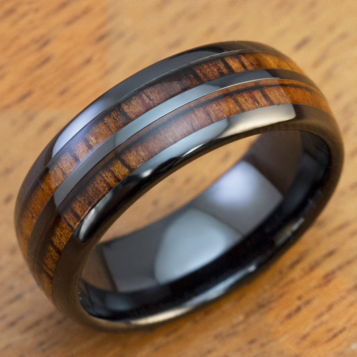 HI-TECH Black Ceramic Ring with Koa Wood Duo Inlay - 8mm, Dome Shape, Comfort Fitment