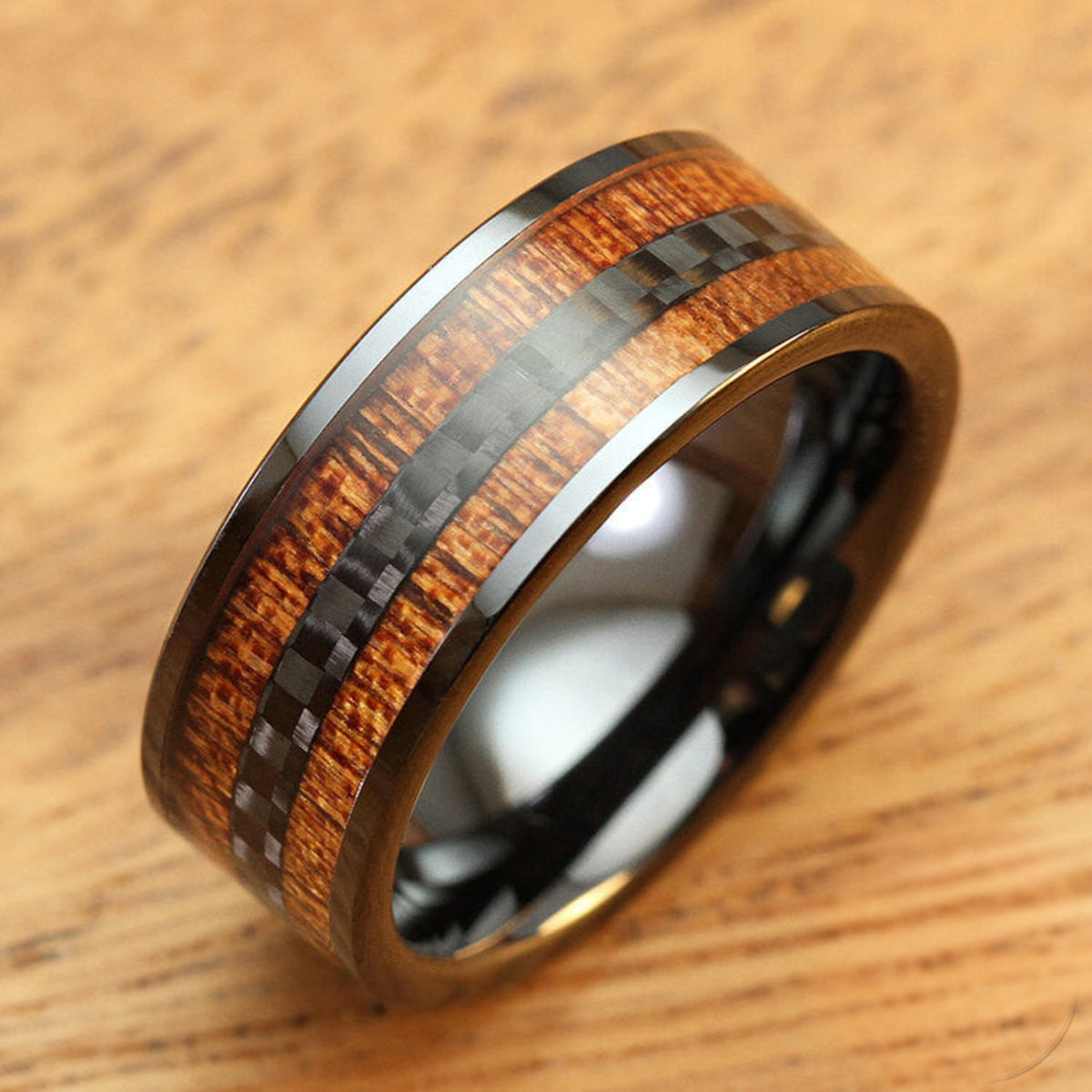HI-TECH Black Ceramic Ring with Mid Carbon Fiber and Koa Wood Inlay - 8mm, Flat Shape, Comfort Fitment