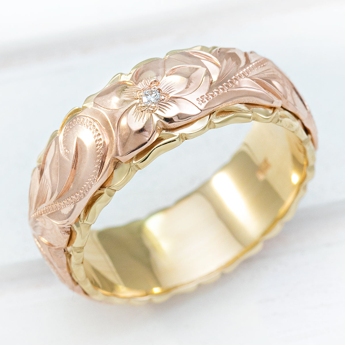 14K Gold Two Tone Ring with Hawaiian Hand Engraved Heritage Design - 8x6mm, Dome shape, Standard Fitment