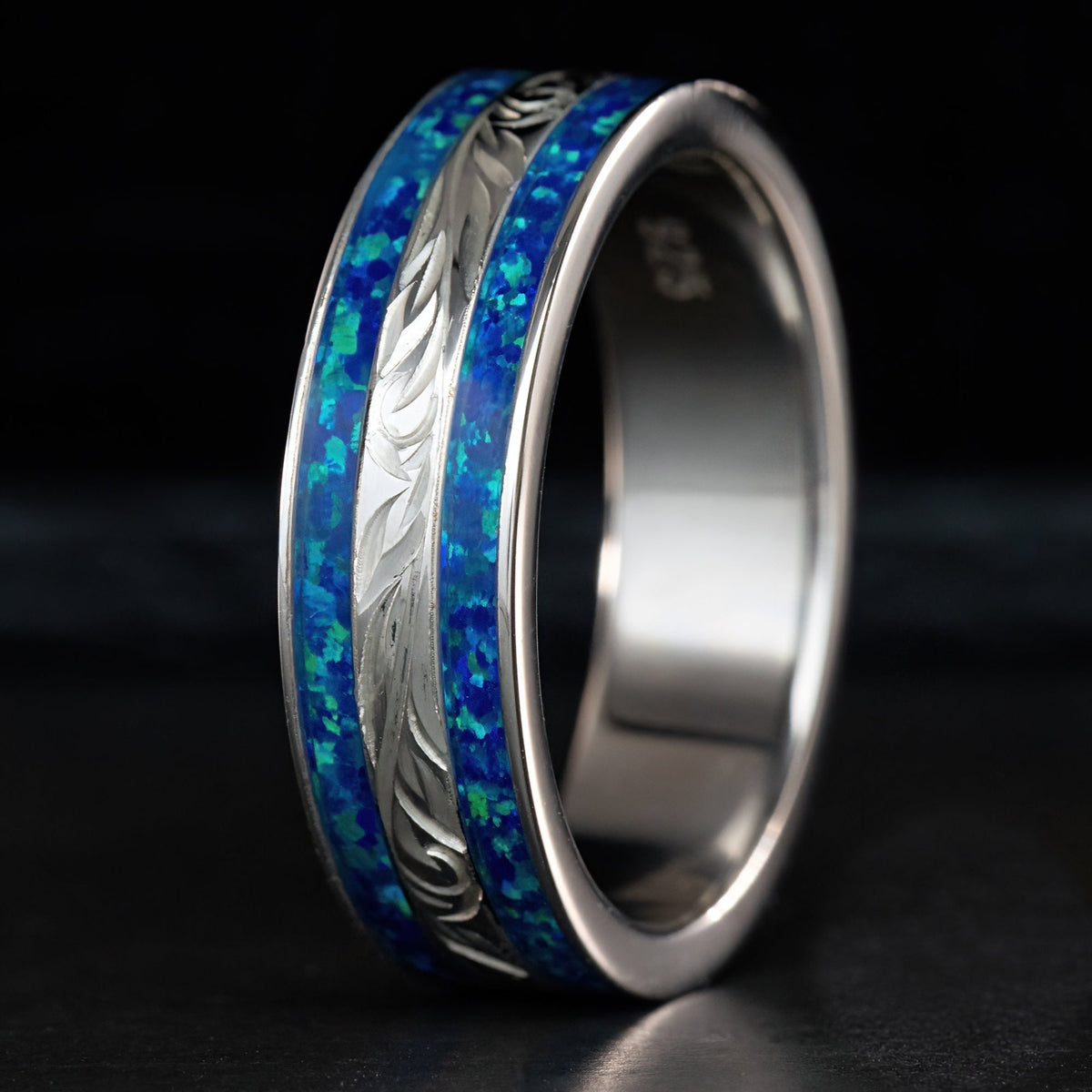Sterling Silver Hand Engraved Hawaiian Jewelry Ring [6mm width] Azure Blue Opal