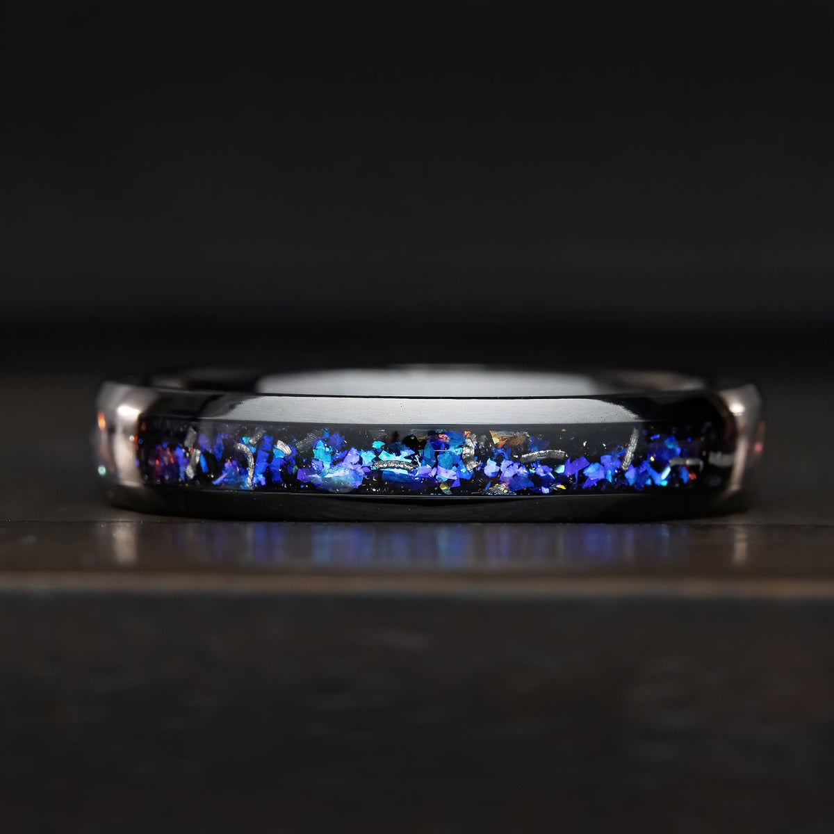 Black Titanium Ring [4mm width] Blue Fire Opal & Meteorite