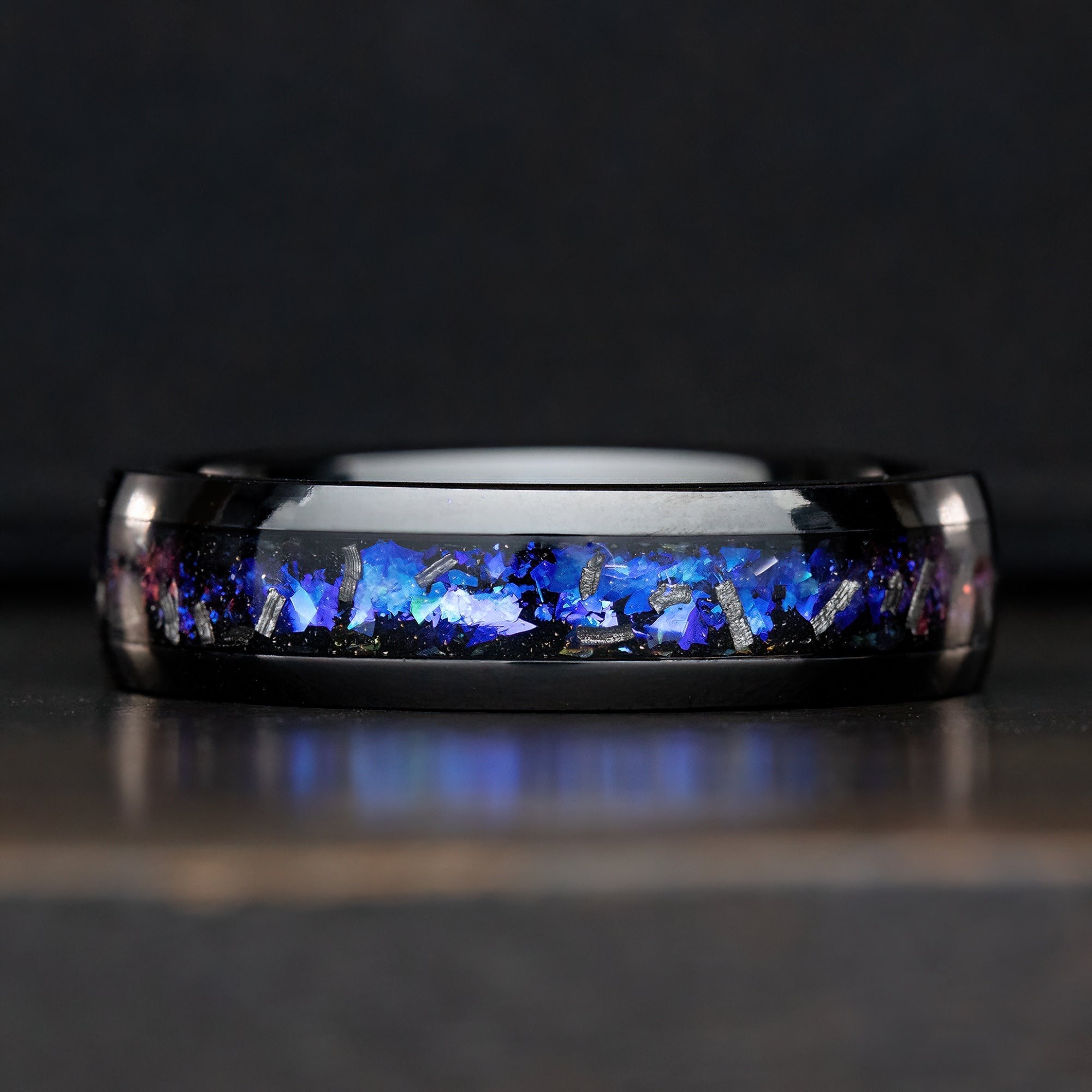 Black Titanium Ring [6mm width] Blue Fire Opal & Meteorite