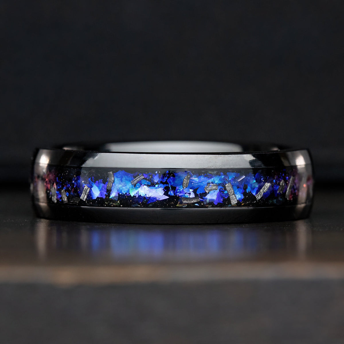 Black Titanium Ring [6mm width] Blue Fire Opal & Meteorite