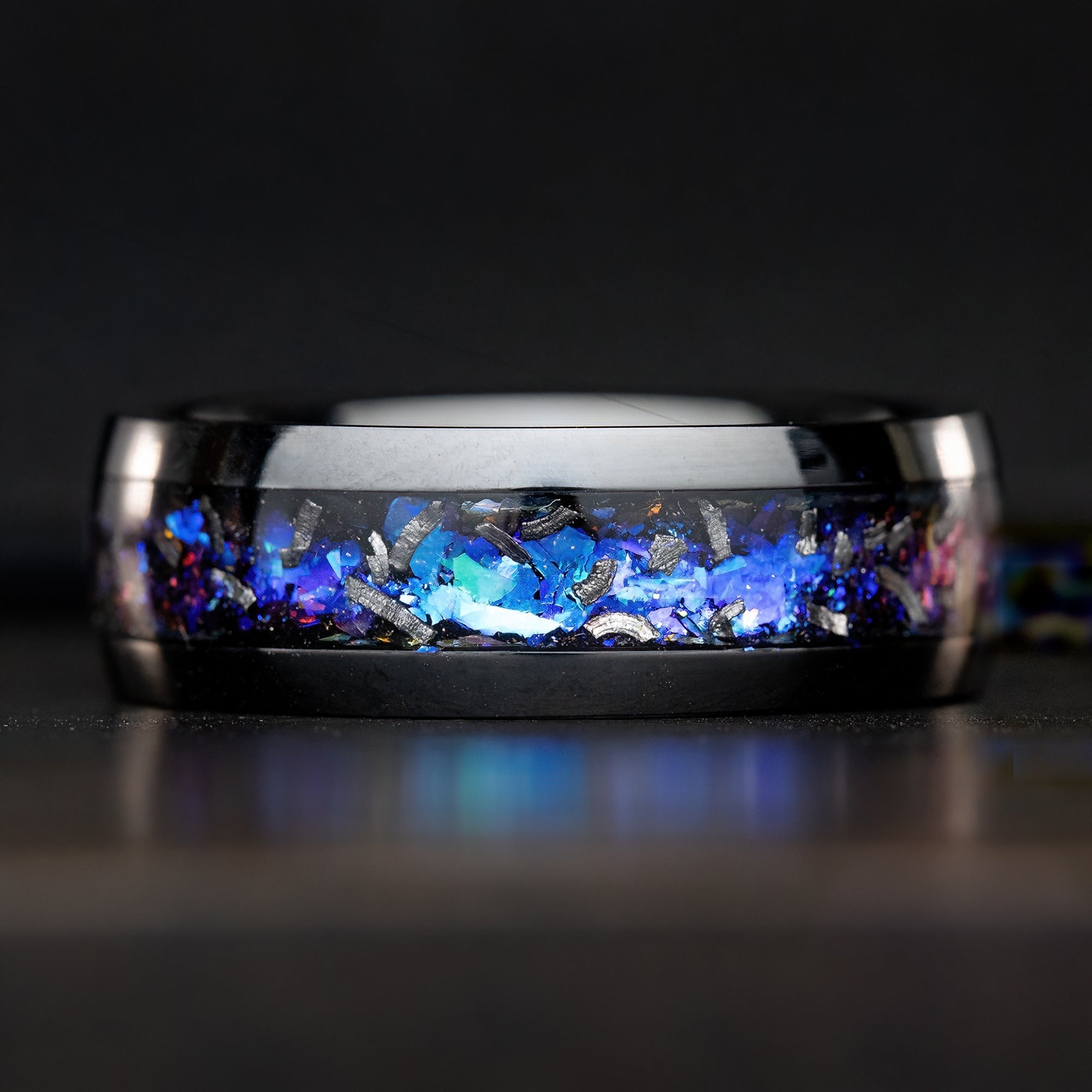 Black Titanium Ring [8mm width] Blue Fire Opal & Meteorite