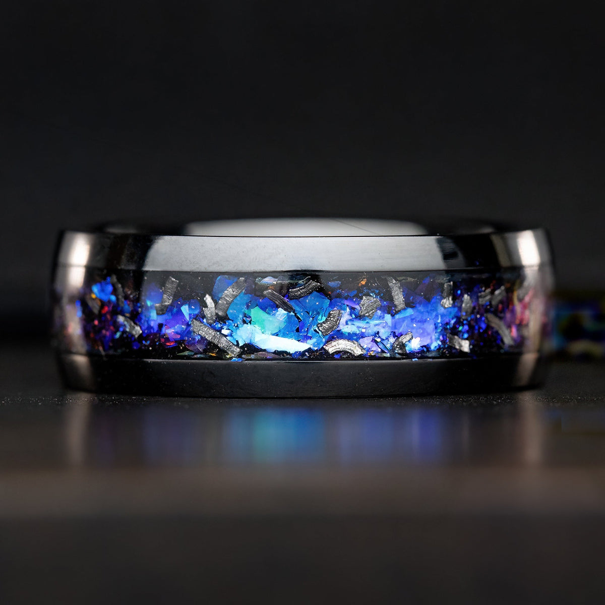 Black Titanium Ring [8mm width] Blue Fire Opal & Meteorite