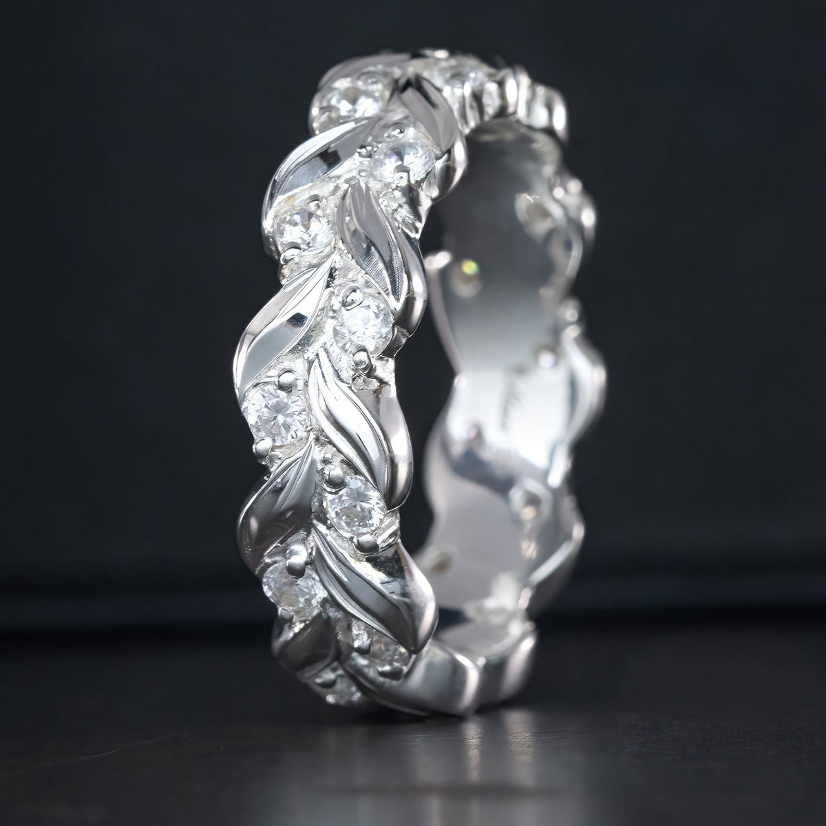 Sterling Silver Ring [6mm width] Maile Motif with Cubic Zirconia Stones