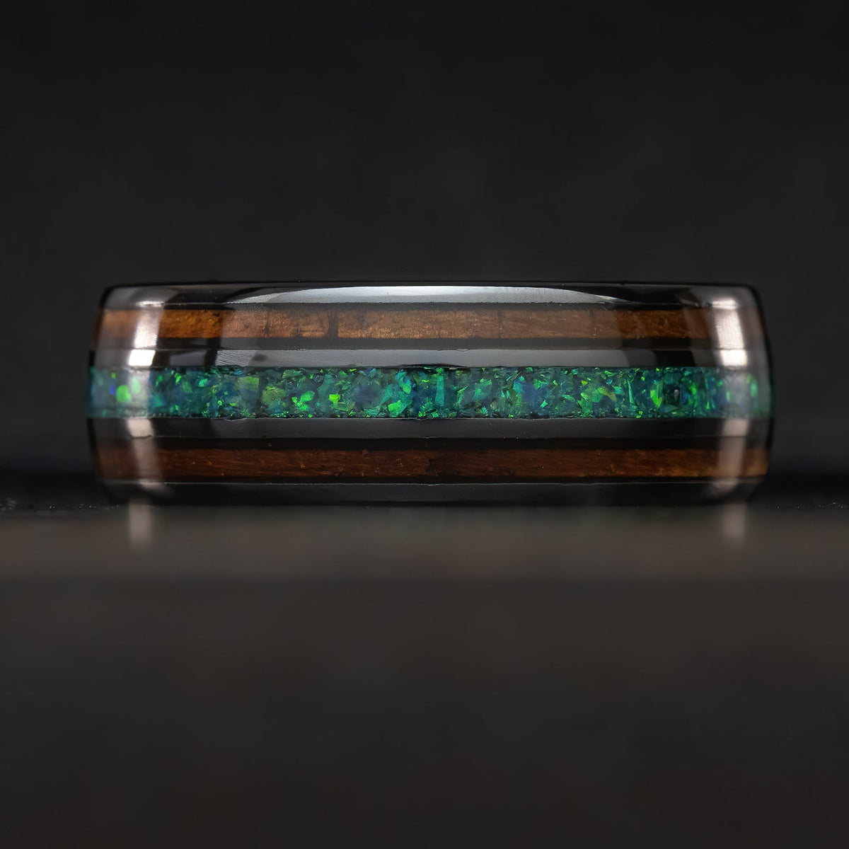 HI-TECH Black Ceramic Ring 'The Aina' [8mm width] Green Opal & Hawaiian Koa Wood
