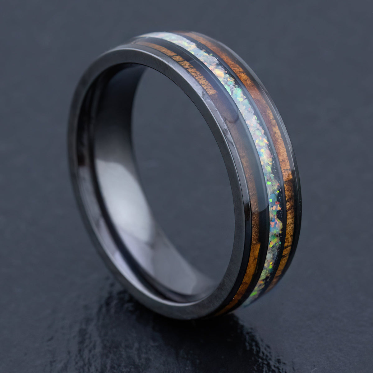 Zirconium Ring [6mm width] White Opal & Hawaiian Koa