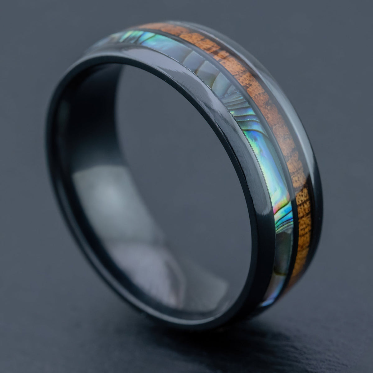Black Zirconium Ring [8mm width] Abalone Shell & Hawaiian Koa Duo-Inlay