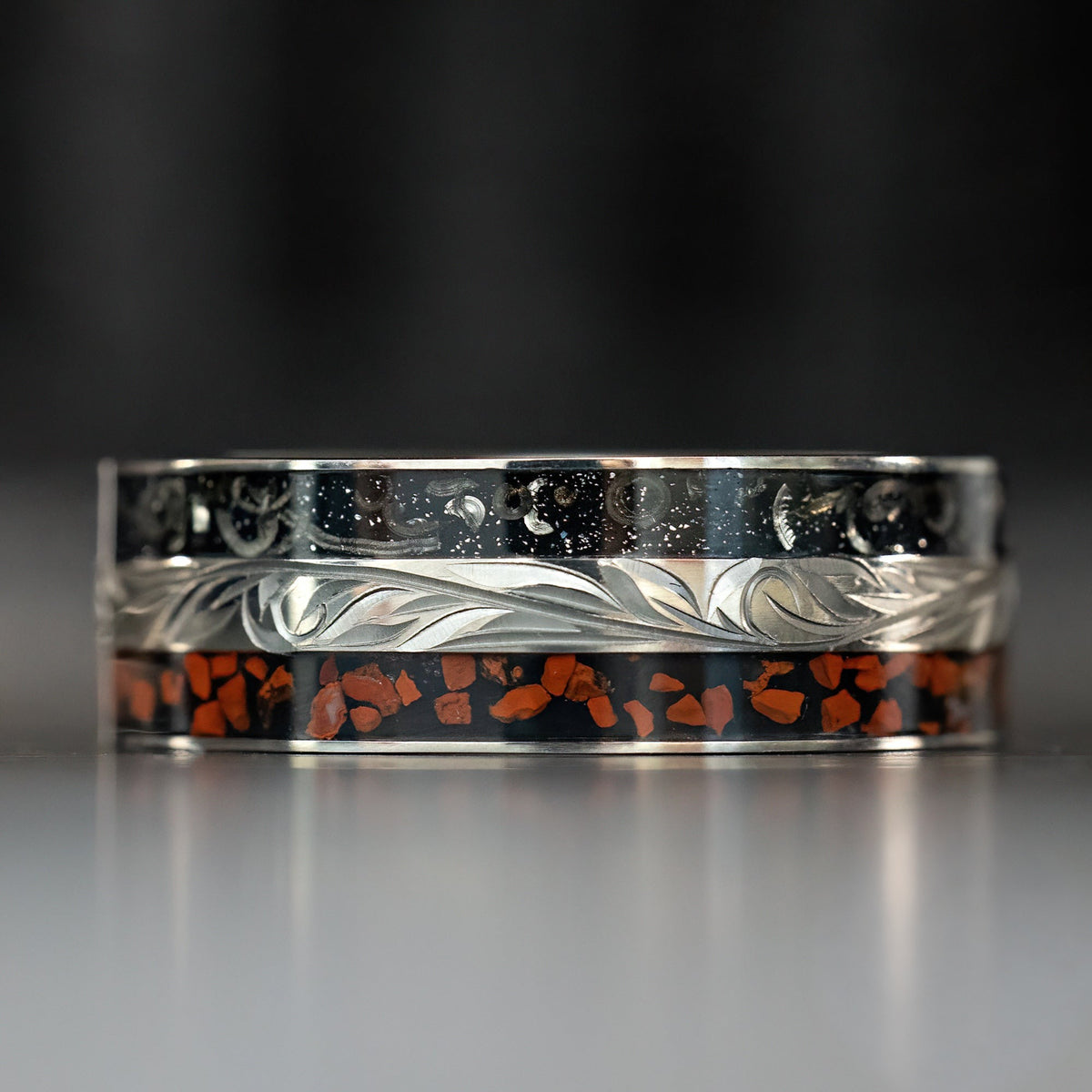 Titanium Hand Engraved Ring [8mm width] Dinosaur Bone & Meteorite Inlay - Flat Shape, Comfort Fitment