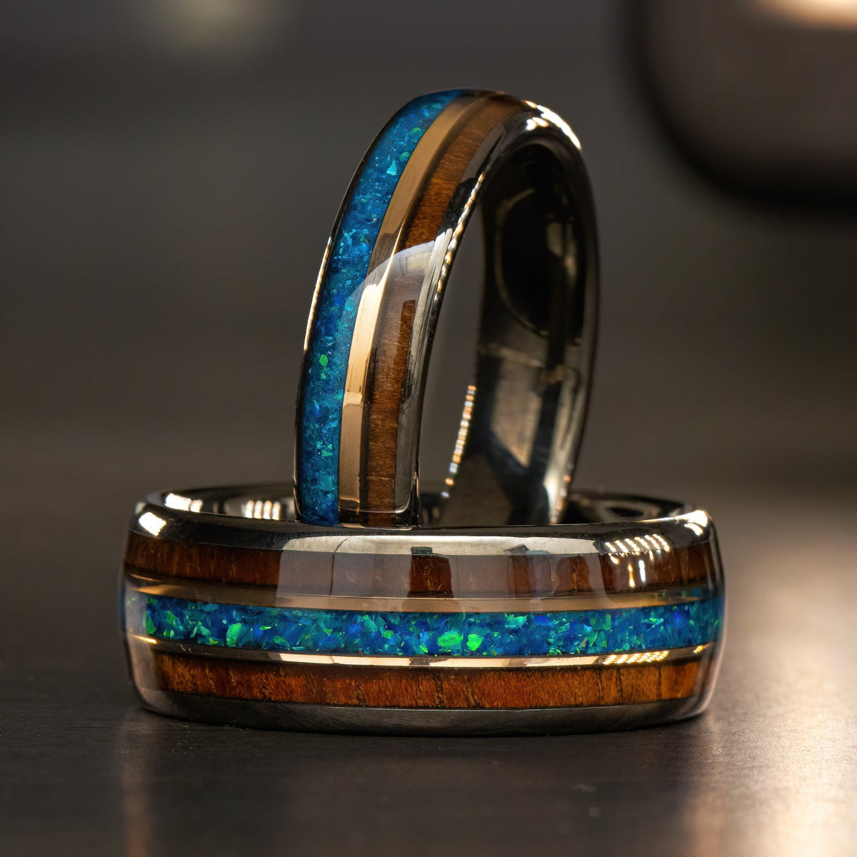 Pair of Gungrey Tungsten Carbide Mid-Rose Gold Strip Rings [5 & 8mm width] Azure Blue Opal & Hawaiian Koa Wood