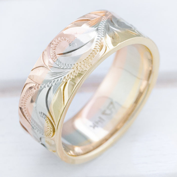 14K Tri-Gold Ring [7.5mm width] Old English Hawaiian Jewelry Design