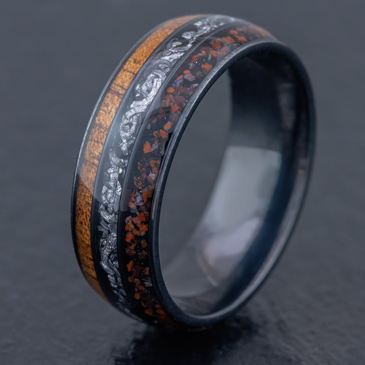 Black Titanium Ring 'Circle of Life' [8mm width] Hawaiian Koa Wood, Meteorite, Dinosaur Bone
