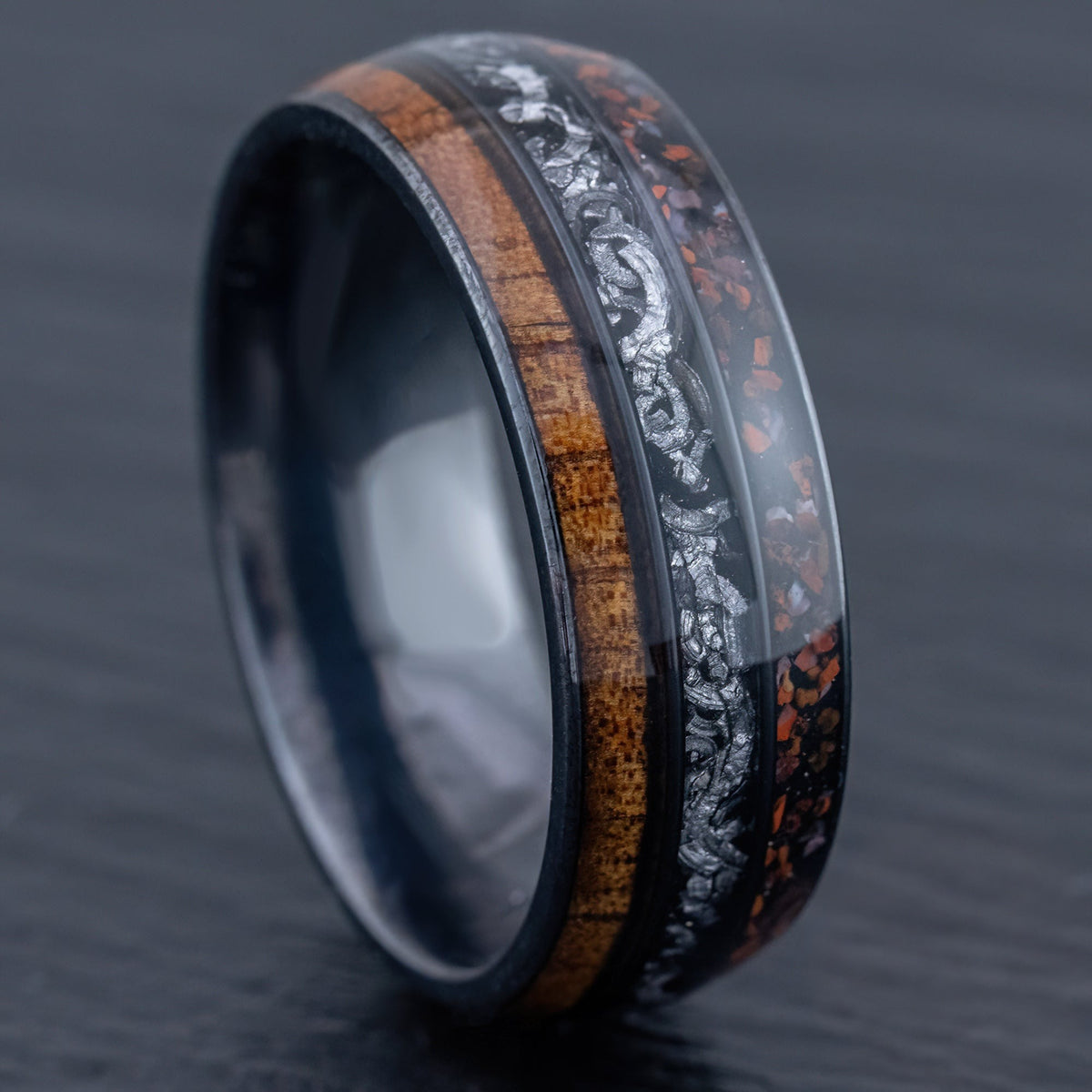 Black Titanium Ring 'Circle of Life' [8mm width] Hawaiian Koa Wood, Meteorite, Dinosaur Bone