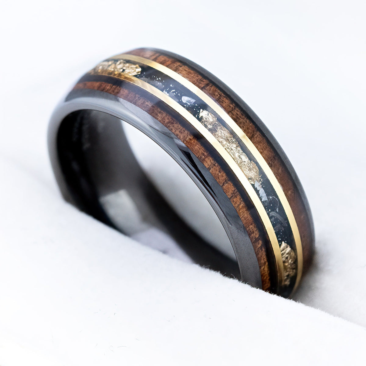 Gun Grey Tungsten Carbide Ring [8mm width] 18K Gold Flake, Meteorite, & Hawaiian Koa Wood