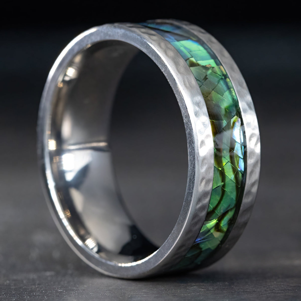 Titanium Hammered Ring [8mm width] Mosaic Abalone Pau'a Shell