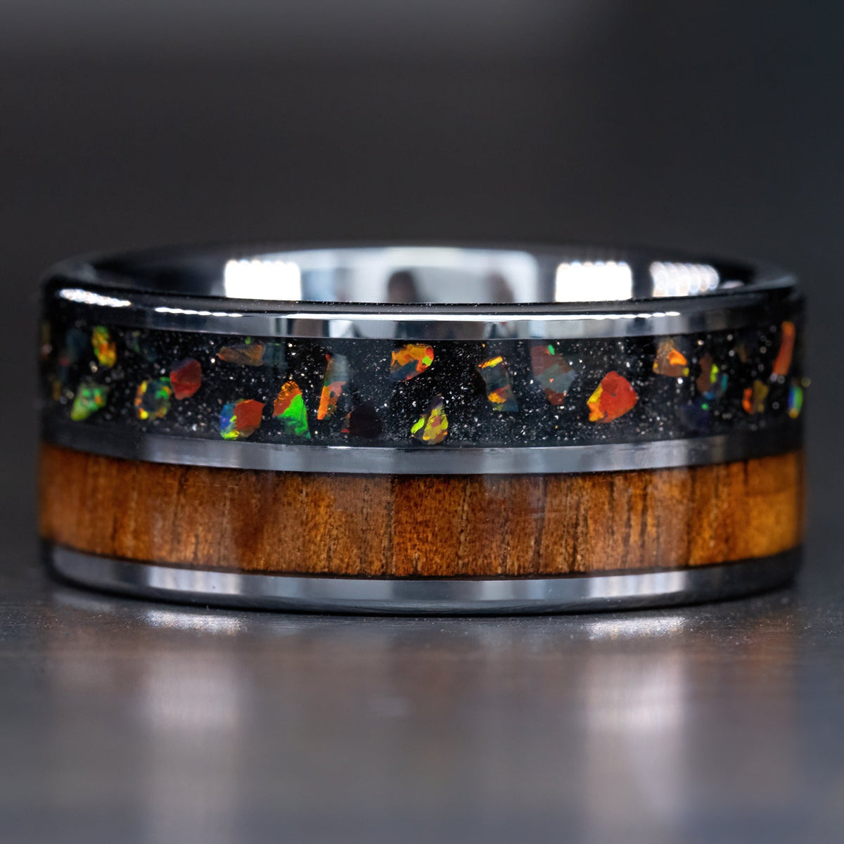 Tungsten Carbide Ring 'Pahoehoe' [10mm width] Fire Opal & Hawaiian Koa Wood
