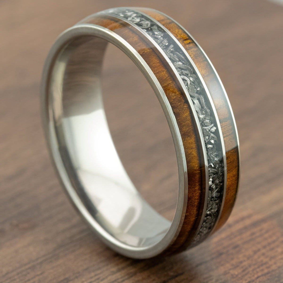 Titanium GR5 Ring [8mm width] Hawaiian Koa Wood & Meteorite
